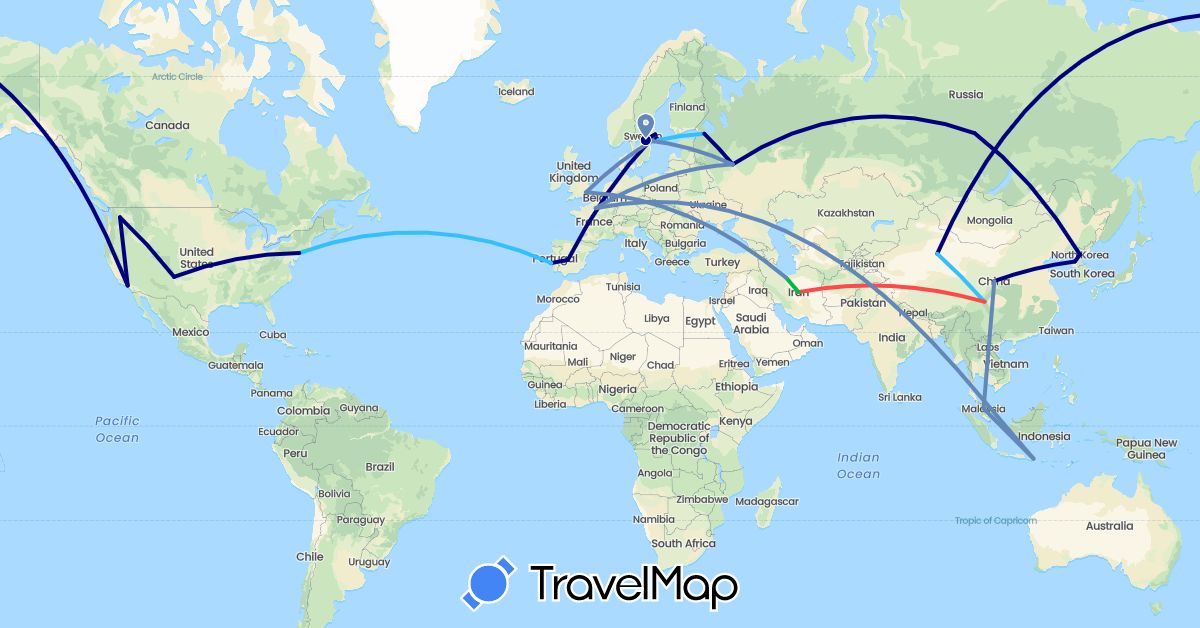 TravelMap itinerary: driving, bus, cycling, hiking, boat in China, Spain, France, United Kingdom, Indonesia, Iran, North Korea, Malaysia, Portugal, Russia, Sweden, United States (Asia, Europe, North America)